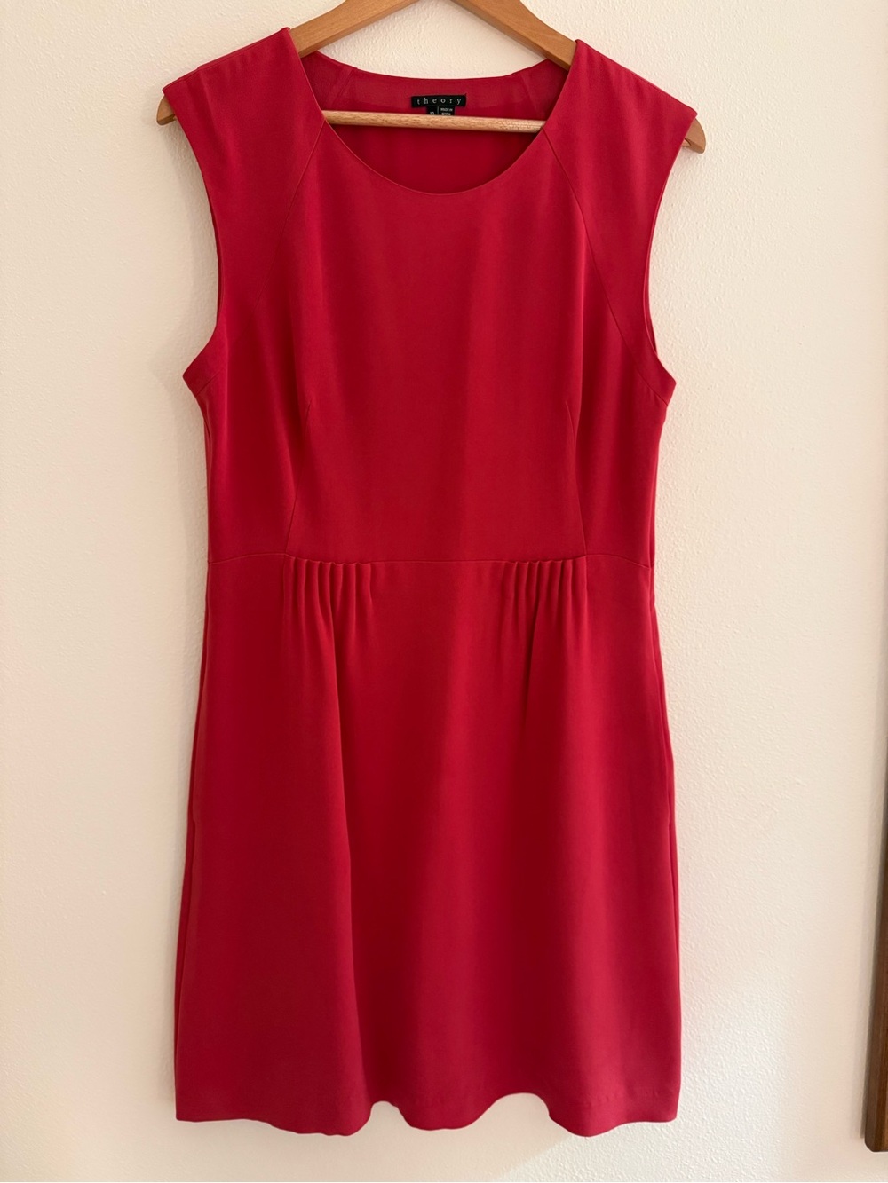 Theory Shyann 100% Silk Dress sleeveless pintuck pleated waist pink red size 10
